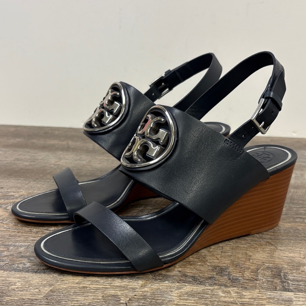 Tory Burch Miller Slingback Wedge Sandals – Navy Blue Leather – Size 7